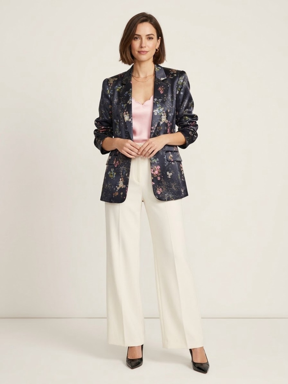 Cinq à Sept Kylie Floral Ruched Sleeve Satin Blazer Single Button Suit Jacket